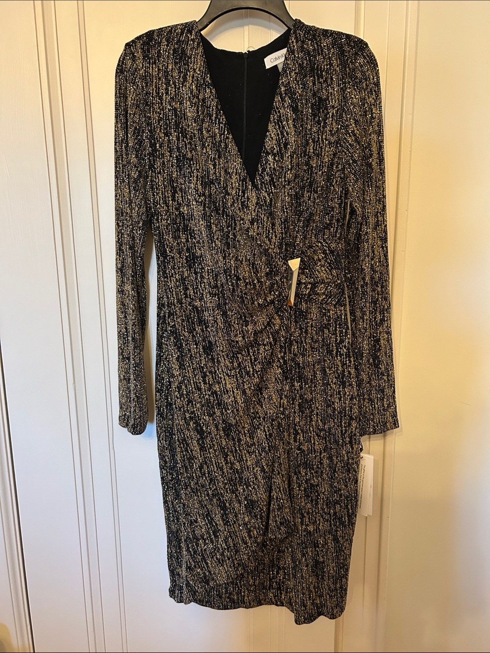 Calvin Klein Black and Gold Metallic Wrap-Front Long-Sleeve Dress